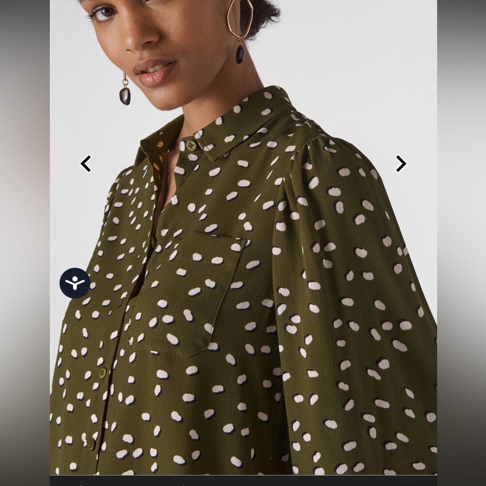 Whistles Blouse in Olive Size 2 Button Up Cream Dots Relaxed Fit Classy Work